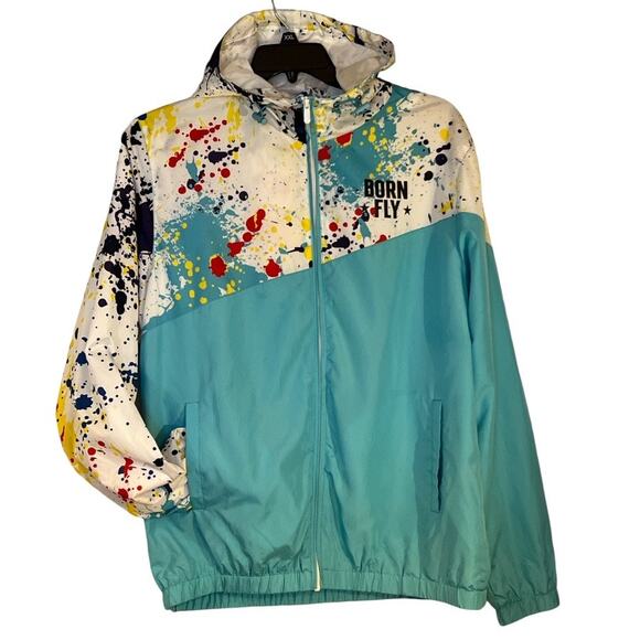 Born Fly Splatter Print Color Block Windbreaker Jacket Size L Retro Streetwear - Picture 1 of 10